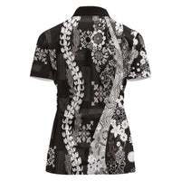 Hawaii Puakenikeni and Maile Lei Women Polo Shirt Black Japanese Wave Style - Polynesian Pride