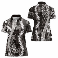 Hawaii Puakenikeni and Maile Lei Women Polo Shirt Black Japanese Wave Style - Polynesian Pride