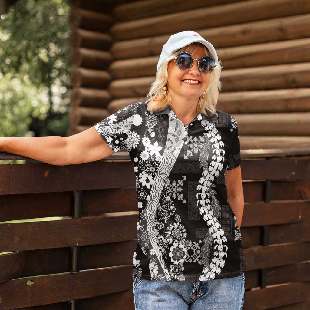 Hawaii Puakenikeni and Maile Lei Women Polo Shirt Black Japanese Wave Style - Polynesian Pride