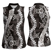 Hawaii Puakenikeni and Maile Lei Women Sleeveless Polo Shirt Black Japanese Wave Style - Polynesian Pride
