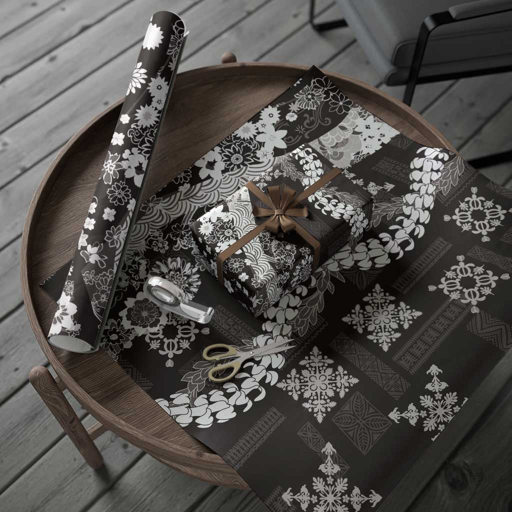 Hawaii Puakenikeni and Maile Lei Wrapping Paper Black Japanese Wave Style - Polynesian Pride