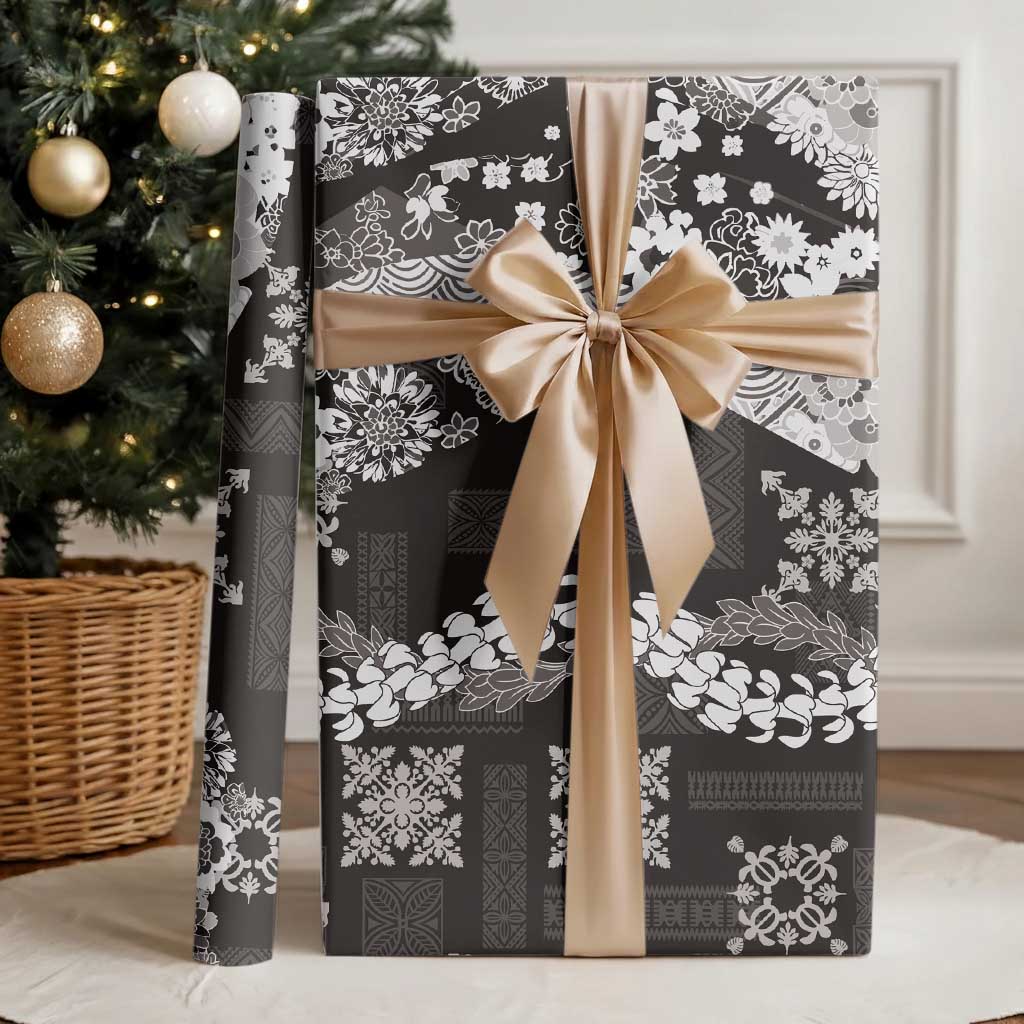 Hawaii Puakenikeni and Maile Lei Wrapping Paper Black Japanese Wave Style - Polynesian Pride