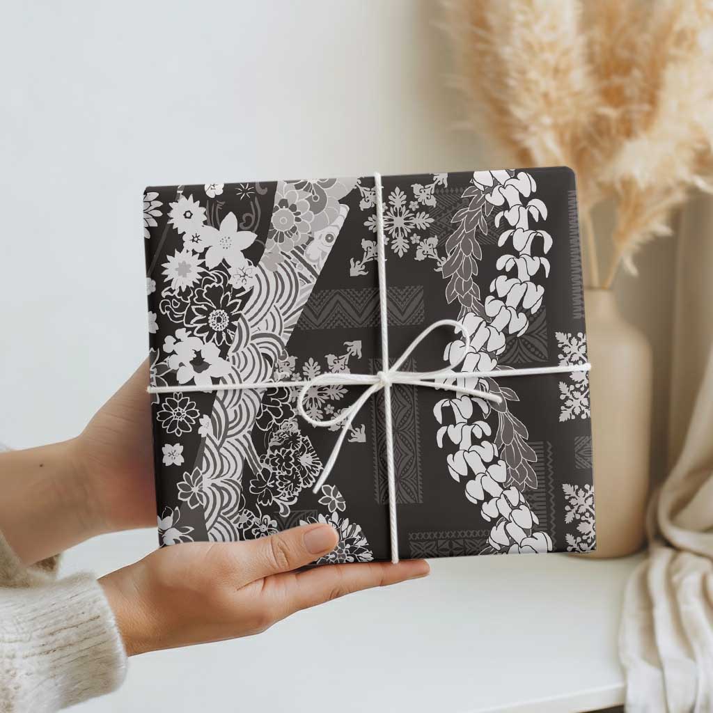 Hawaii Puakenikeni and Maile Lei Wrapping Paper Black Japanese Wave Style - Polynesian Pride