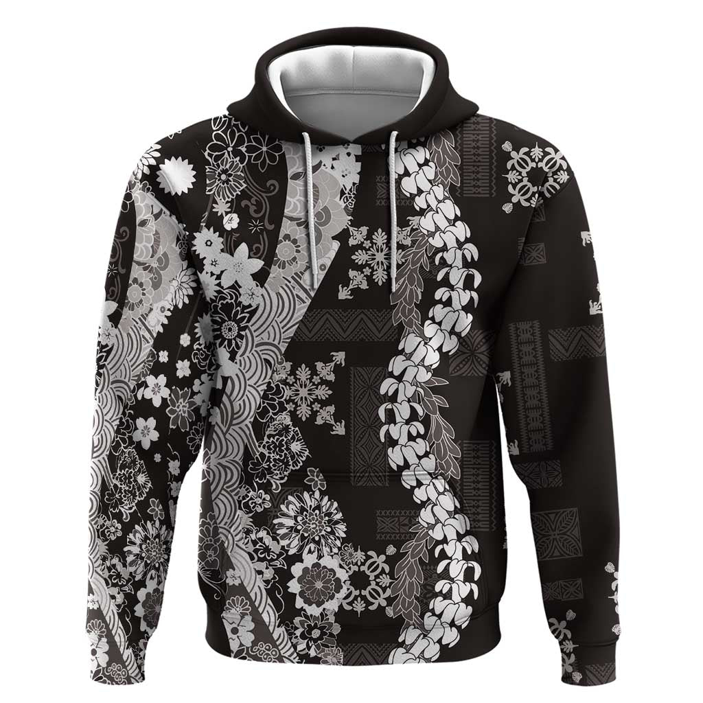 Hawaii Puakenikeni and Maile Lei Zip Hoodie Black Japanese Wave Style - Polynesian Pride