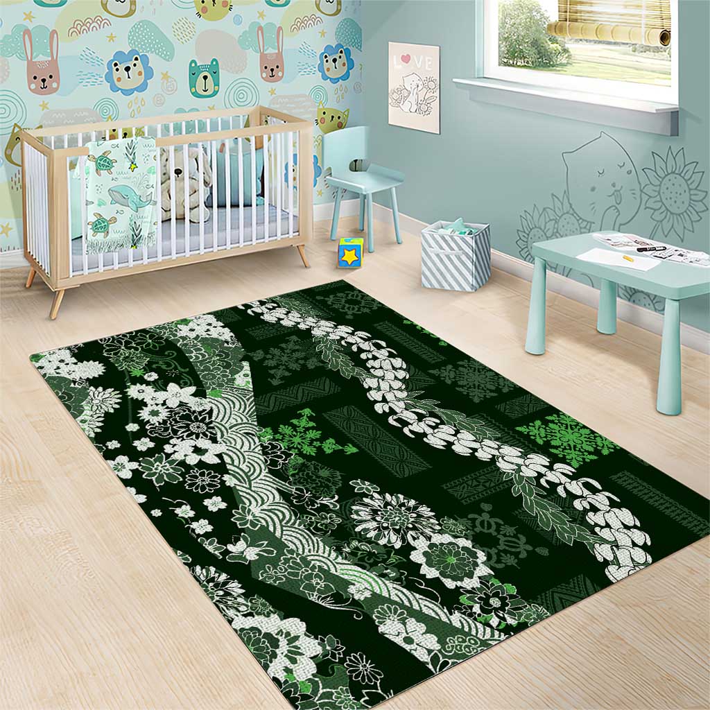 Hawaii Puakenikeni and Maile Lei Area Rug Green Japanese Wave Style - Polynesian Pride