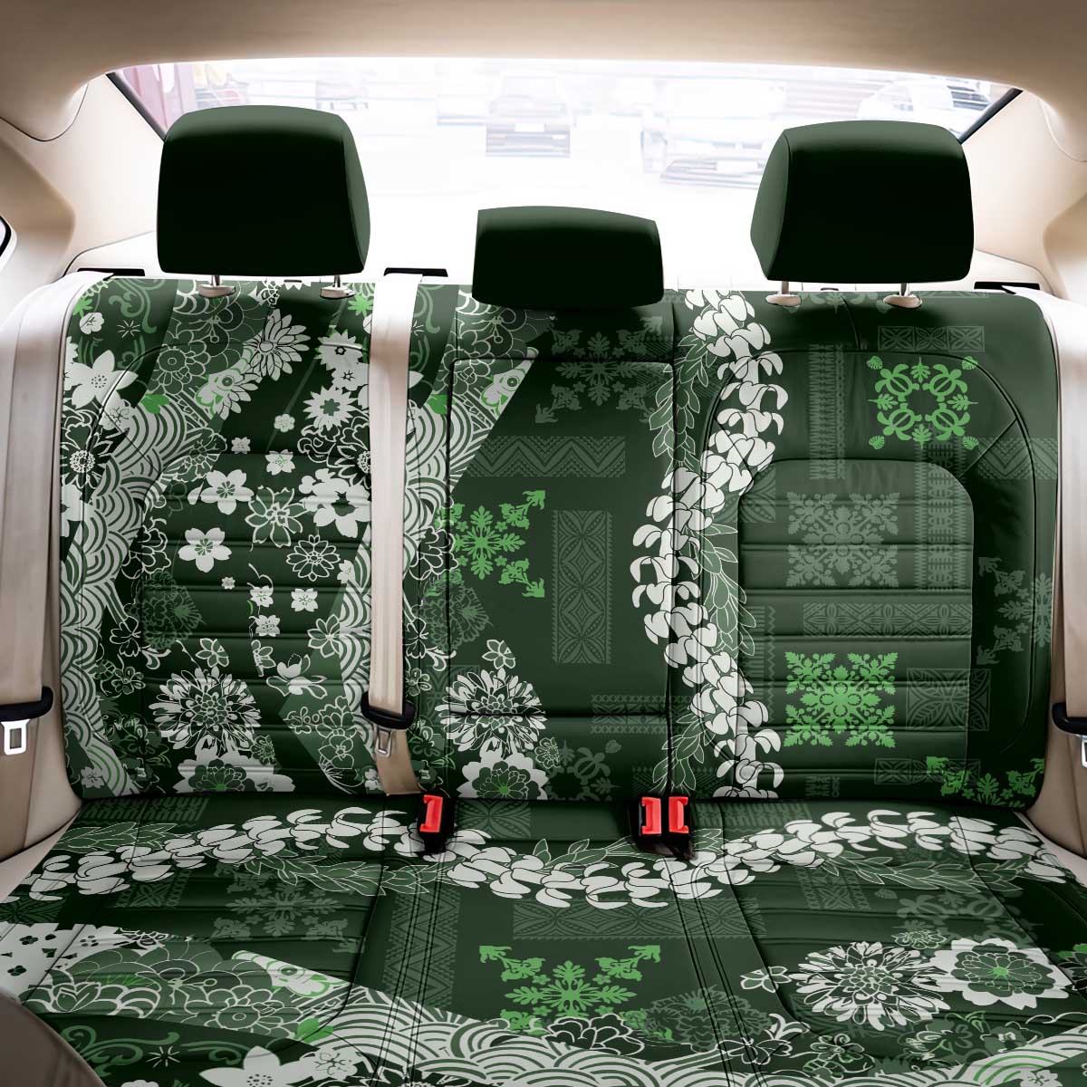 Hawaii Puakenikeni and Maile Lei Back Car Seat Cover Green Japanese Wave Style - Polynesian Pride
