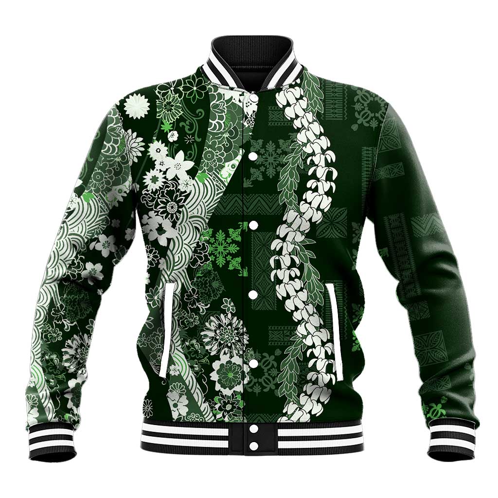 Hawaii Puakenikeni and Maile Lei Baseball Jacket Green Japanese Wave Style LT9 Unisex Green - Polynesian Pride