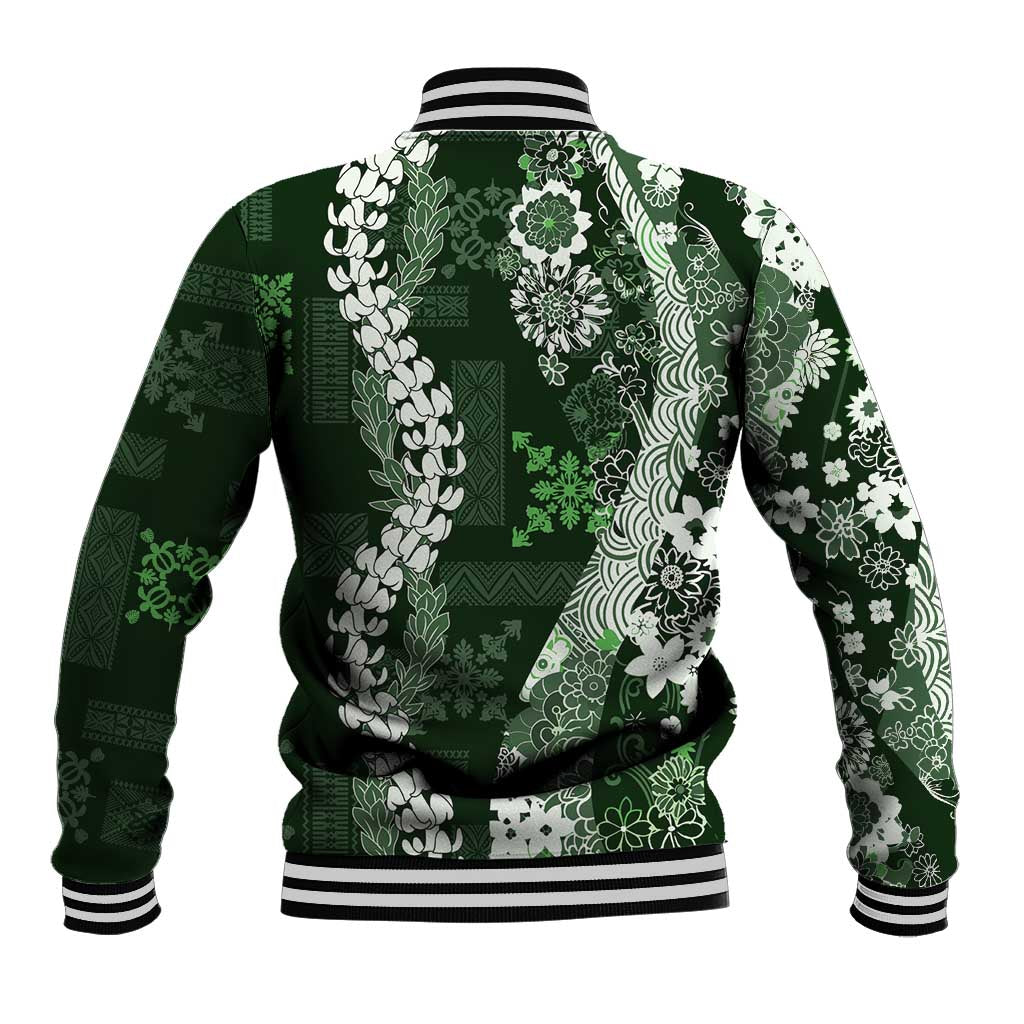 Hawaii Puakenikeni and Maile Lei Baseball Jacket Green Japanese Wave Style LT9 - Polynesian Pride