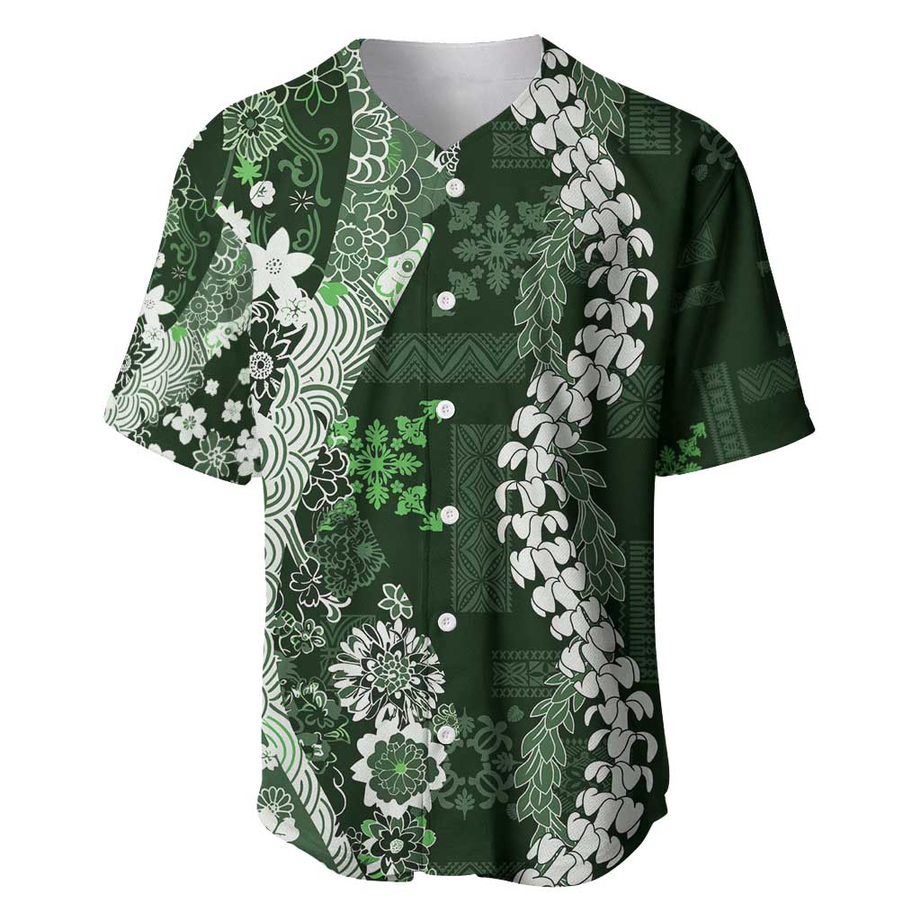 Hawaii Puakenikeni and Maile Lei Baseball Jersey Green Japanese Wave Style - Polynesian Pride
