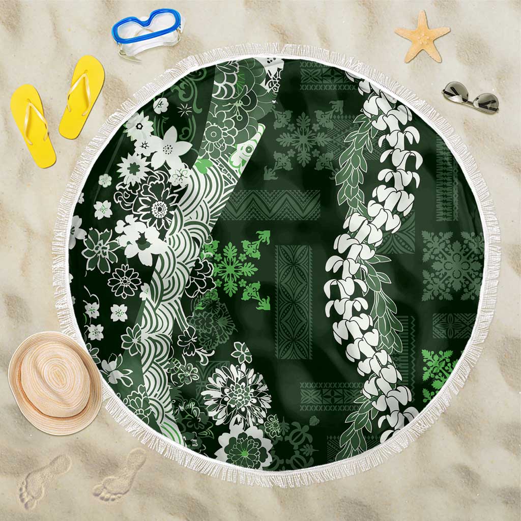 Hawaii Puakenikeni and Maile Lei Beach Blanket Green Japanese Wave Style LT9 One Size 150cm Green - Polynesian Pride