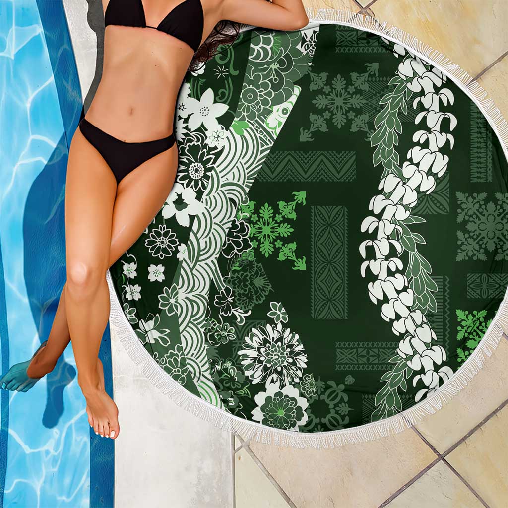 Hawaii Puakenikeni and Maile Lei Beach Blanket Green Japanese Wave Style LT9 - Polynesian Pride