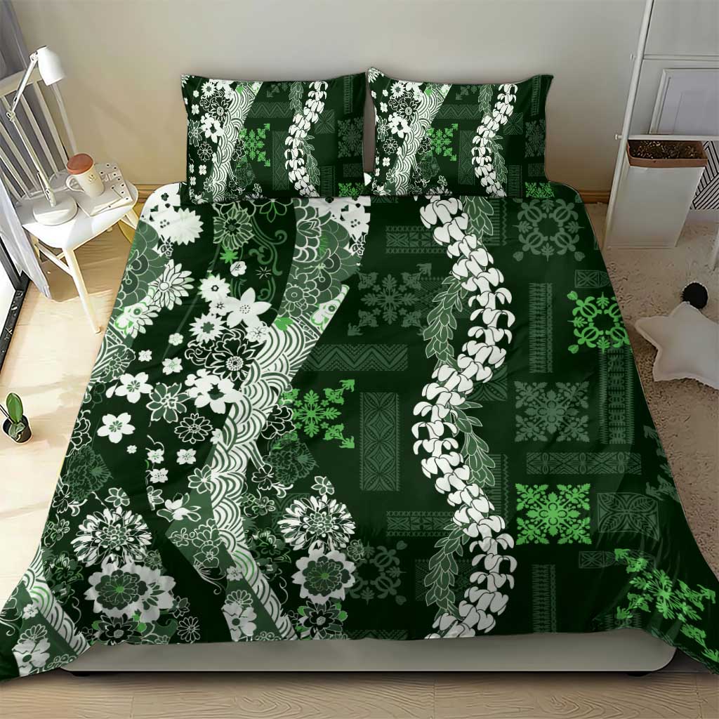 Hawaii Puakenikeni and Maile Lei Bedding Set Green Japanese Wave Style - Polynesian Pride