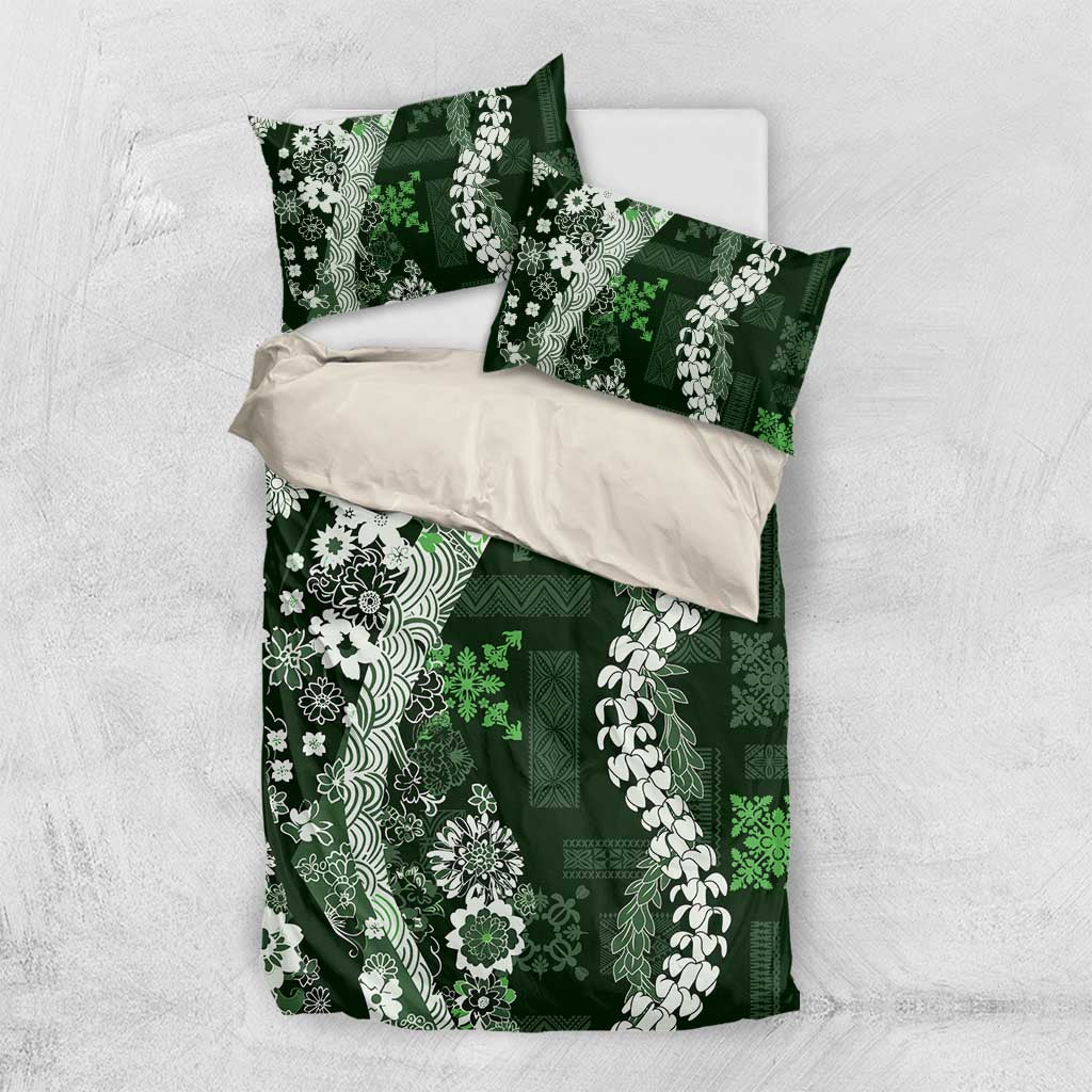 Hawaii Puakenikeni and Maile Lei Bedding Set Green Japanese Wave Style - Polynesian Pride