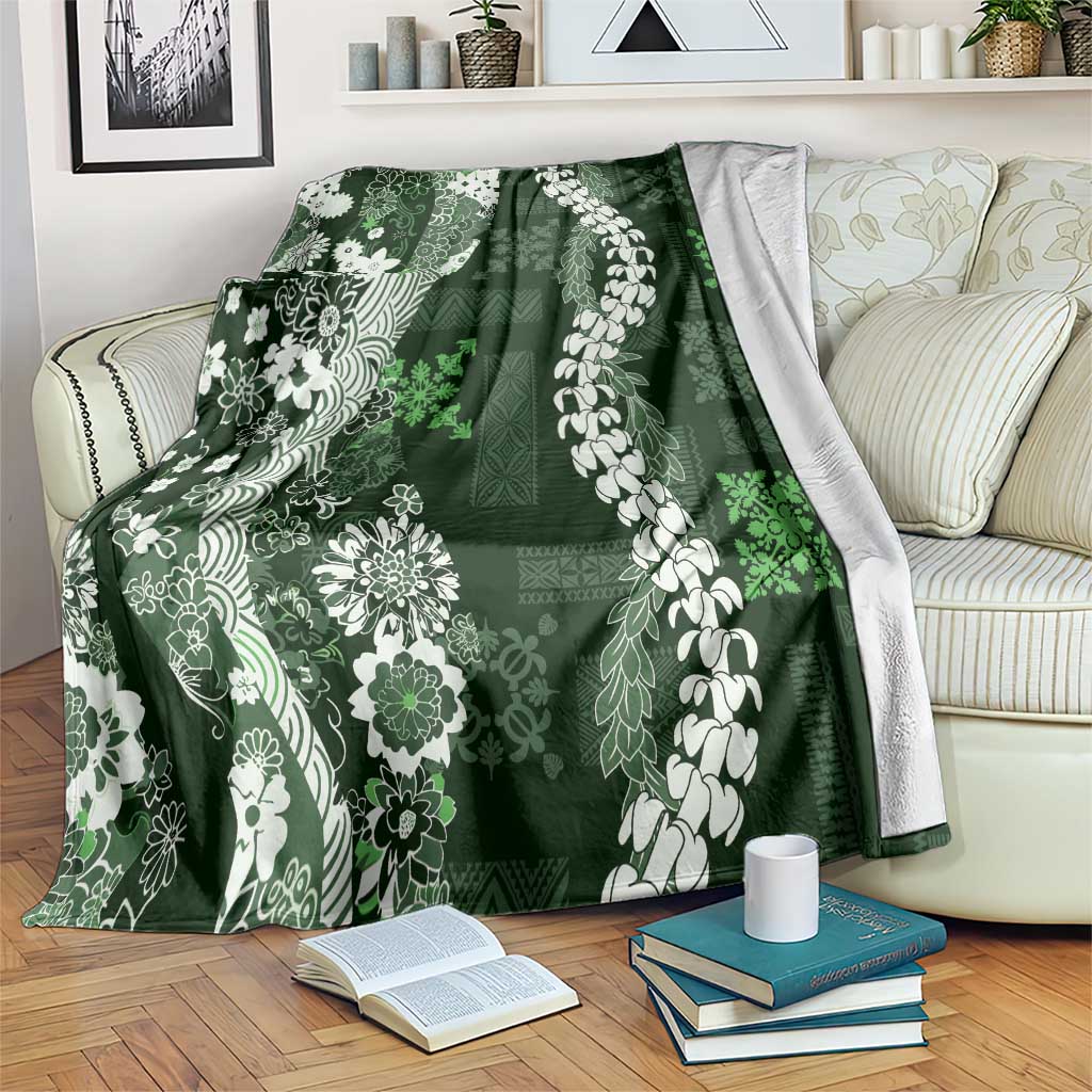 Hawaii Puakenikeni and Maile Lei Blanket Green Japanese Wave Style - Polynesian Pride