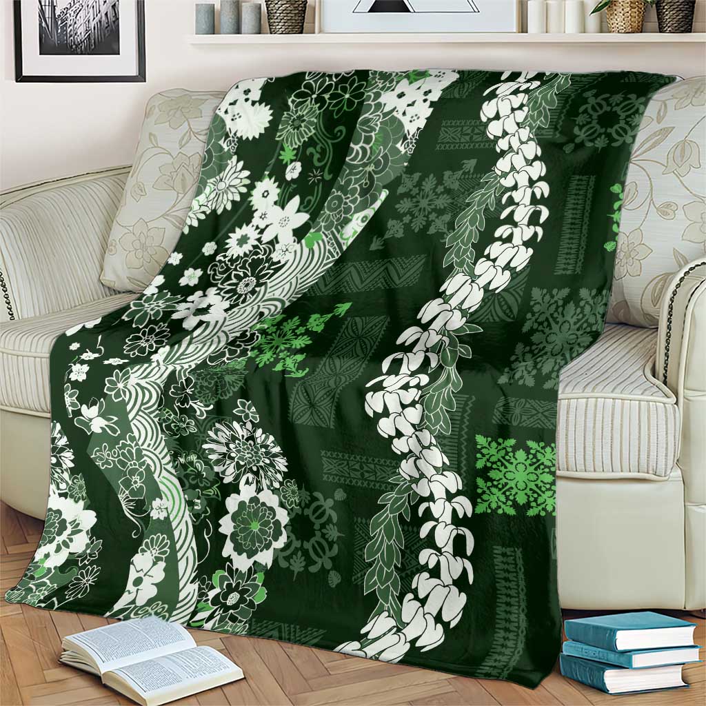 Hawaii Puakenikeni and Maile Lei Blanket Green Japanese Wave Style - Polynesian Pride