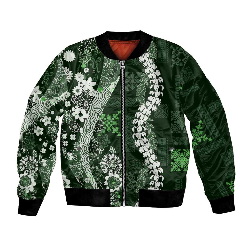 Hawaii Puakenikeni and Maile Lei Bomber Jacket Green Japanese Wave Style - Polynesian Pride