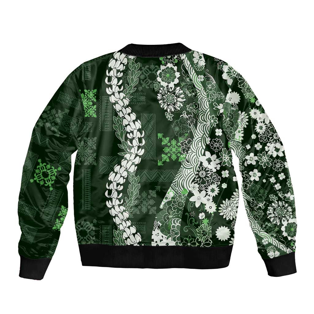 Hawaii Puakenikeni and Maile Lei Bomber Jacket Green Japanese Wave Style - Polynesian Pride