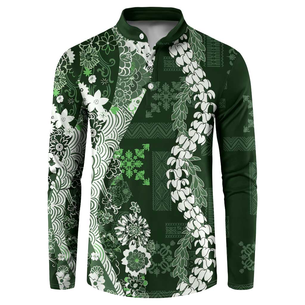 Hawaii Puakenikeni and Maile Lei Button Sweatshirt Green Japanese Wave Style LT9 Green - Polynesian Pride