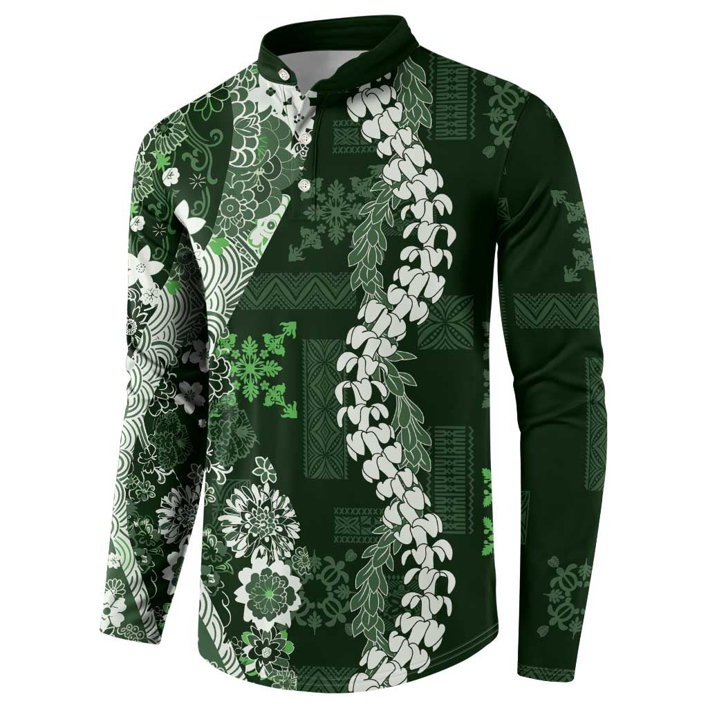 Hawaii Puakenikeni and Maile Lei Button Sweatshirt Green Japanese Wave Style LT9 - Polynesian Pride