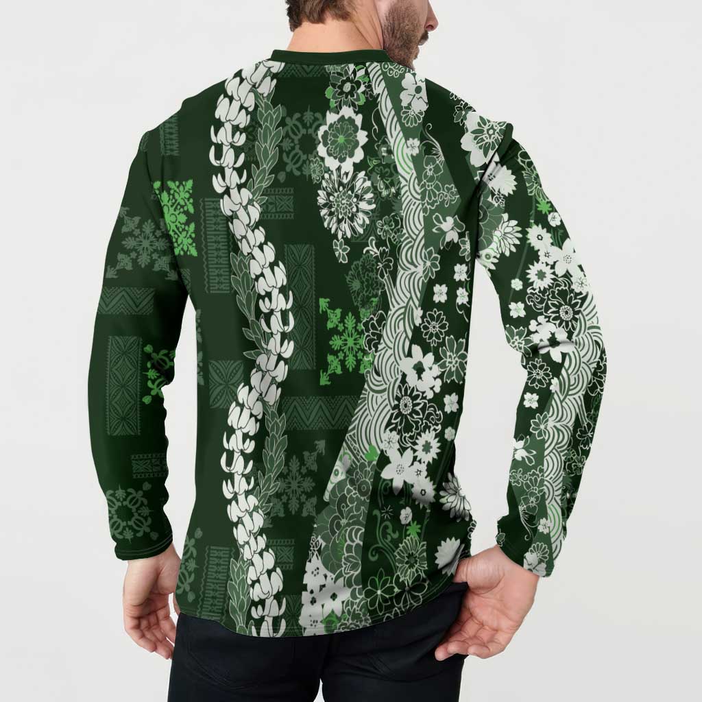 Hawaii Puakenikeni and Maile Lei Button Sweatshirt Green Japanese Wave Style LT9 - Polynesian Pride