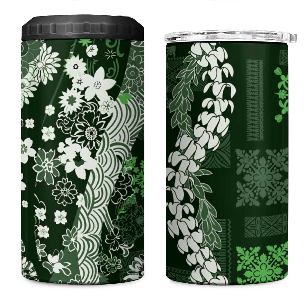 Hawaii Puakenikeni and Maile Lei 4 in 1 Can Cooler Tumbler Green Japanese Wave Style - Polynesian Pride