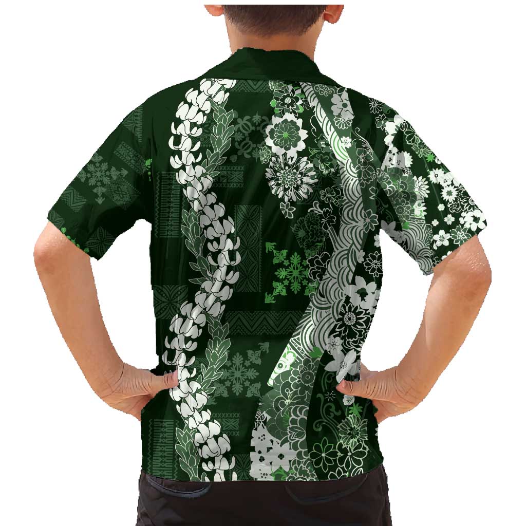 Hawaii Puakenikeni and Maile Lei Family Matching Mermaid Dress and Hawaiian Shirt Green Japanese Wave Style - Polynesian Pride