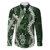 Hawaii Puakenikeni and Maile Lei Family Matching Off The Shoulder Long Sleeve Dress and Hawaiian Shirt Green Japanese Wave Style - Polynesian Pride