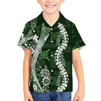 Hawaii Puakenikeni and Maile Lei Family Matching Off The Shoulder Long Sleeve Dress and Hawaiian Shirt Green Japanese Wave Style - Polynesian Pride