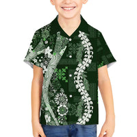 Hawaii Puakenikeni and Maile Lei Family Matching Off Shoulder Maxi Dress and Hawaiian Shirt Green Japanese Wave Style - Polynesian Pride