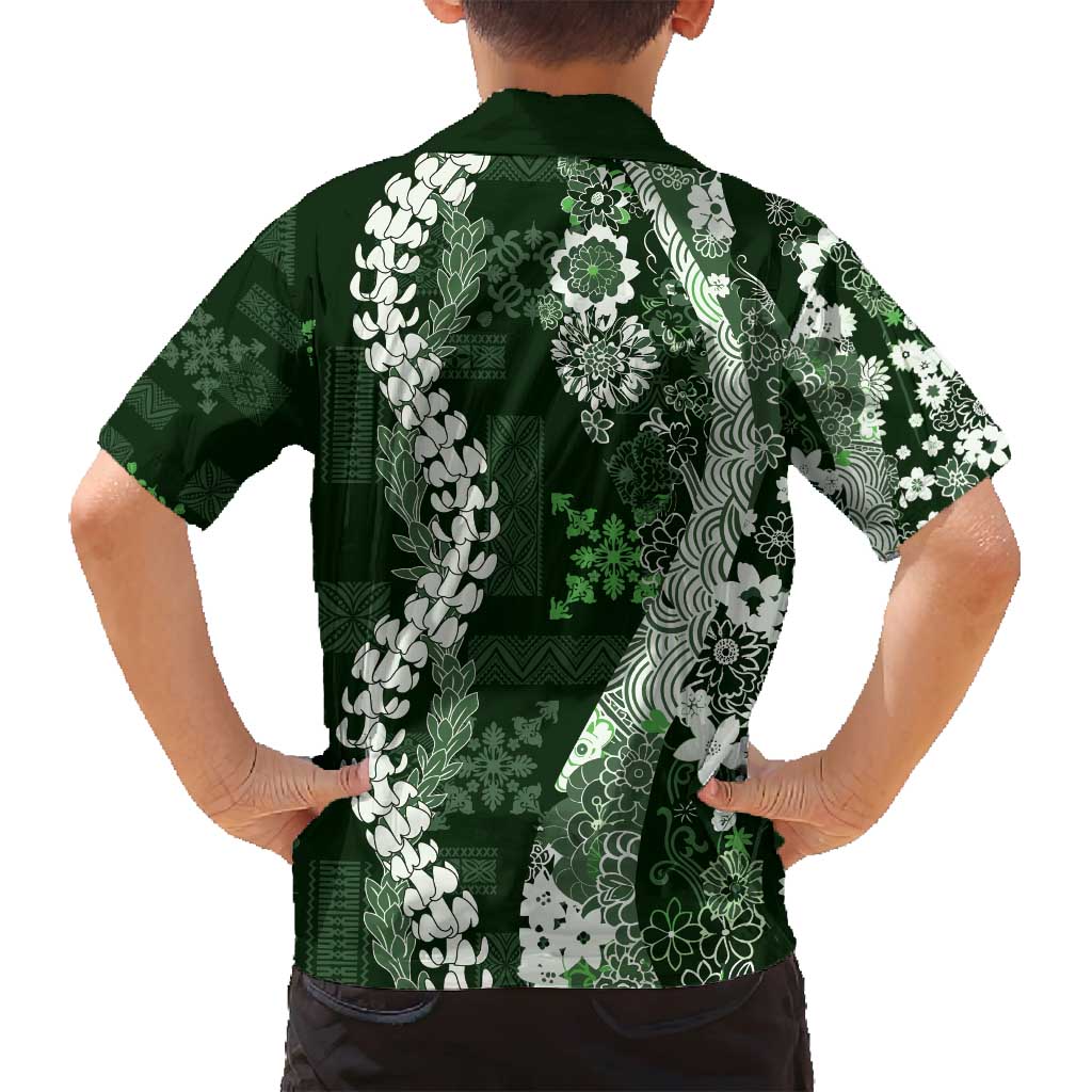 Hawaii Puakenikeni and Maile Lei Family Matching Off Shoulder Short Dress and Hawaiian Shirt Green Japanese Wave Style - Polynesian Pride