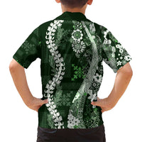 Hawaii Puakenikeni and Maile Lei Family Matching Off Shoulder Short Dress and Hawaiian Shirt Green Japanese Wave Style - Polynesian Pride