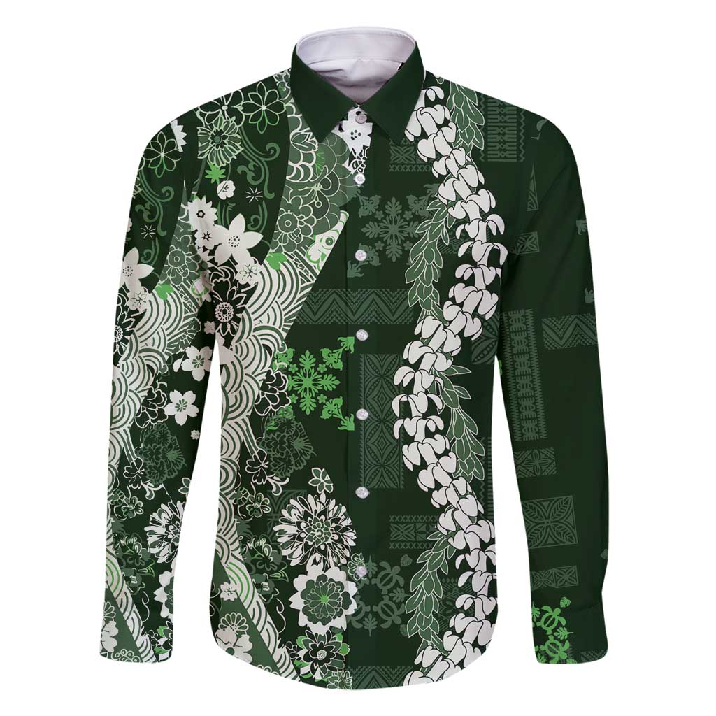 Hawaii Puakenikeni and Maile Lei Family Matching Off Shoulder Short Dress and Hawaiian Shirt Green Japanese Wave Style - Polynesian Pride