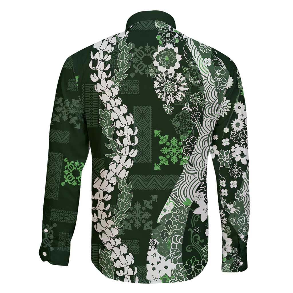 Hawaii Puakenikeni and Maile Lei Family Matching Off Shoulder Short Dress and Hawaiian Shirt Green Japanese Wave Style - Polynesian Pride