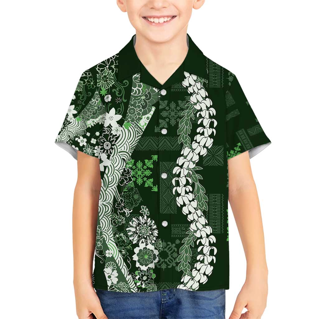 Hawaii Puakenikeni and Maile Lei Family Matching Off Shoulder Short Dress and Hawaiian Shirt Green Japanese Wave Style - Polynesian Pride