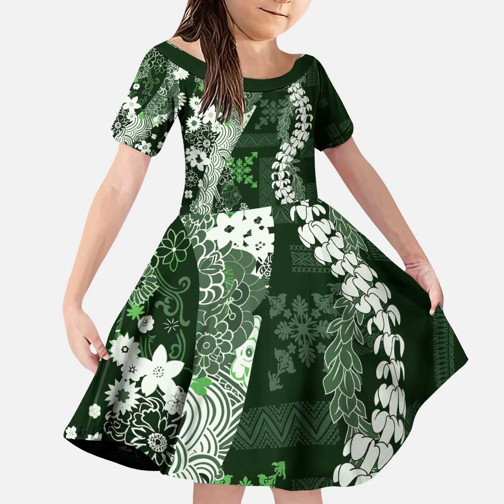 Hawaii Puakenikeni and Maile Lei Family Matching Puletasi and Hawaiian Shirt Green Japanese Wave Style - Polynesian Pride