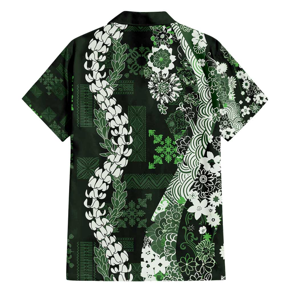 Hawaii Puakenikeni and Maile Lei Family Matching Puletasi and Hawaiian Shirt Green Japanese Wave Style - Polynesian Pride