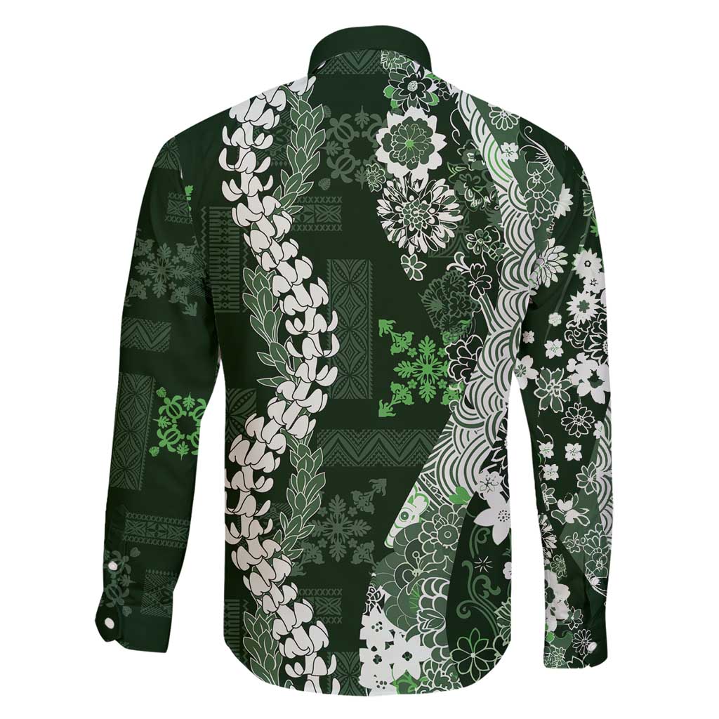 Hawaii Puakenikeni and Maile Lei Family Matching Short Sleeve Bodycon Dress and Hawaiian Shirt Green Japanese Wave Style - Polynesian Pride