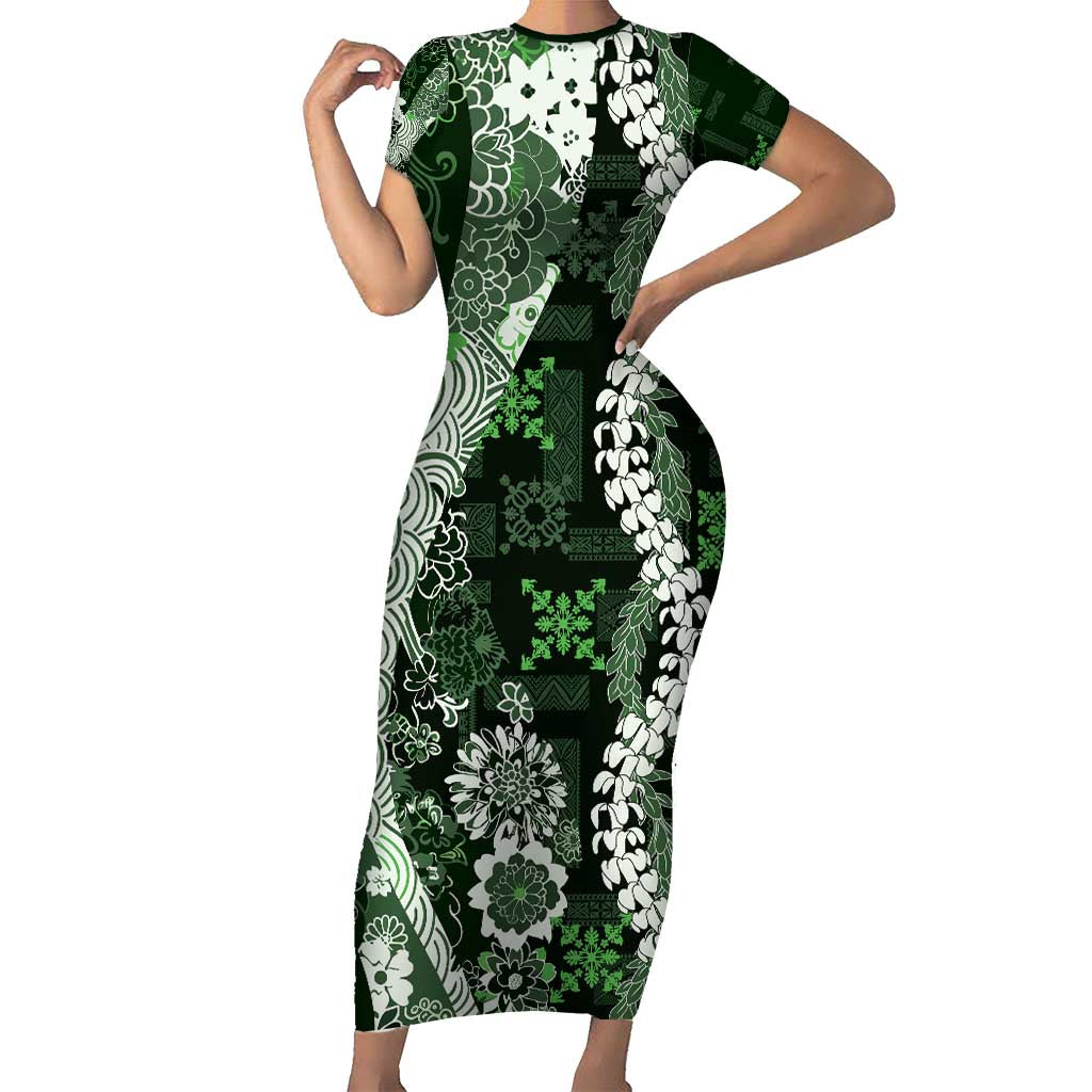 Hawaii Puakenikeni and Maile Lei Family Matching Short Sleeve Bodycon Dress and Hawaiian Shirt Green Japanese Wave Style - Polynesian Pride