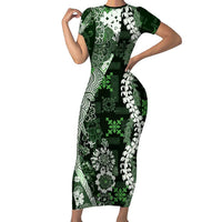 Hawaii Puakenikeni and Maile Lei Family Matching Short Sleeve Bodycon Dress and Hawaiian Shirt Green Japanese Wave Style - Polynesian Pride