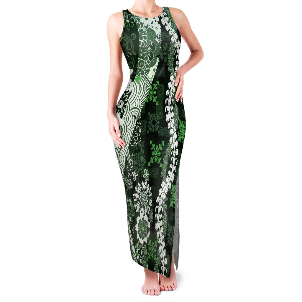 Hawaii Puakenikeni and Maile Lei Family Matching Tank Maxi Dress and Hawaiian Shirt Green Japanese Wave Style - Polynesian Pride