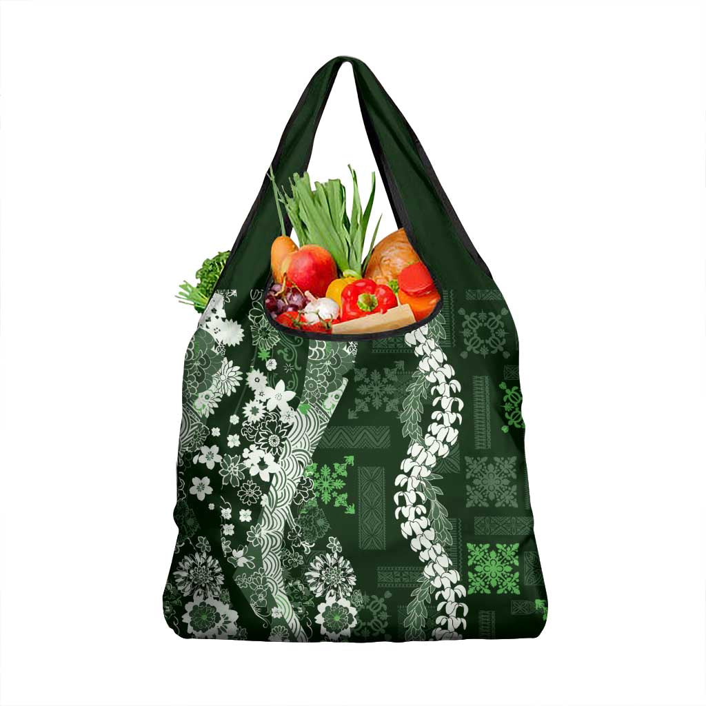 Hawaii Puakenikeni and Maile Lei Grocery Bag Green Japanese Wave Style LT9 1-pack One Size Green - Polynesian Pride