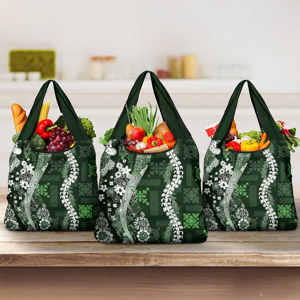 Hawaii Puakenikeni and Maile Lei Grocery Bag Green Japanese Wave Style LT9 3-pack One Size Green - Polynesian Pride