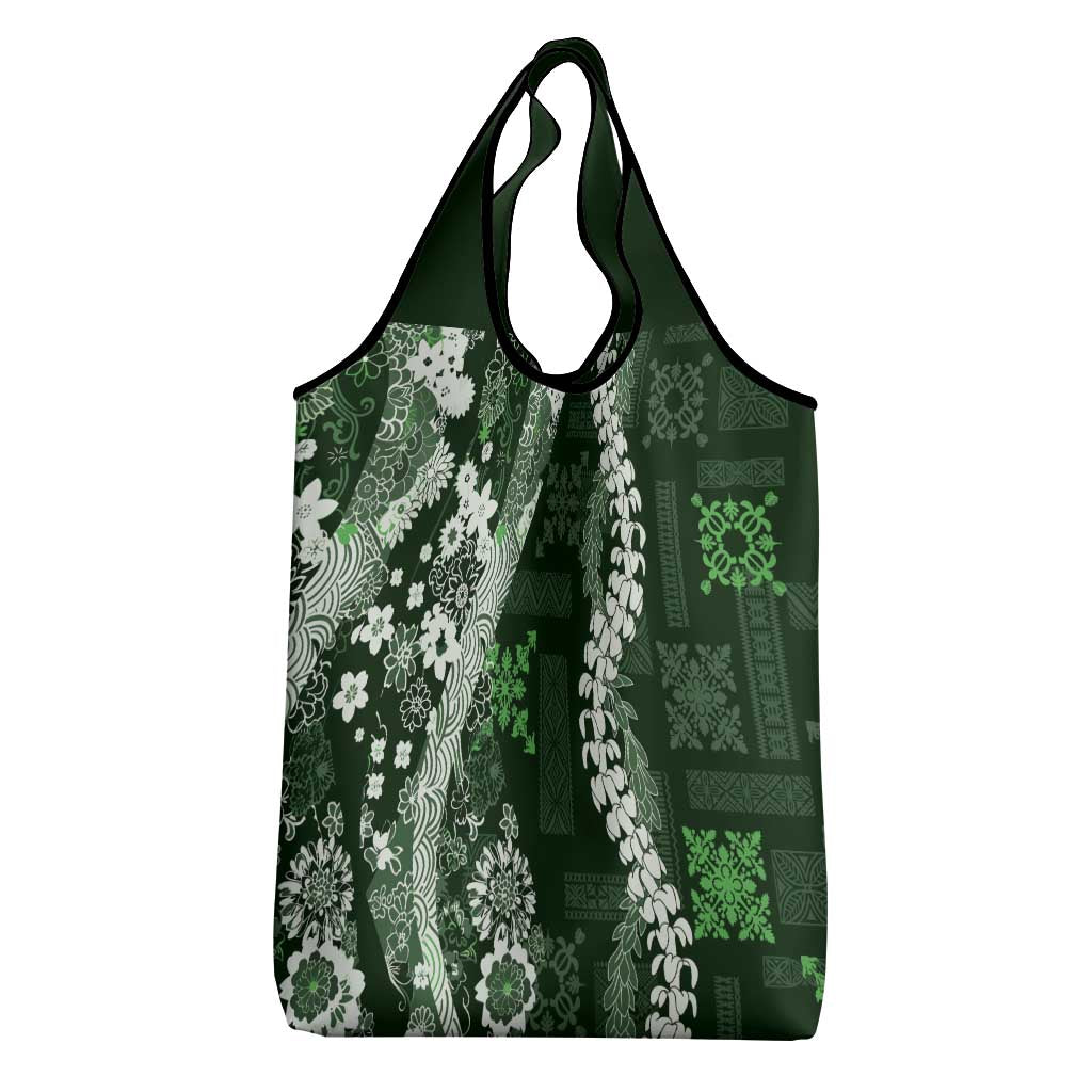 Hawaii Puakenikeni and Maile Lei Grocery Bag Green Japanese Wave Style LT9 - Polynesian Pride