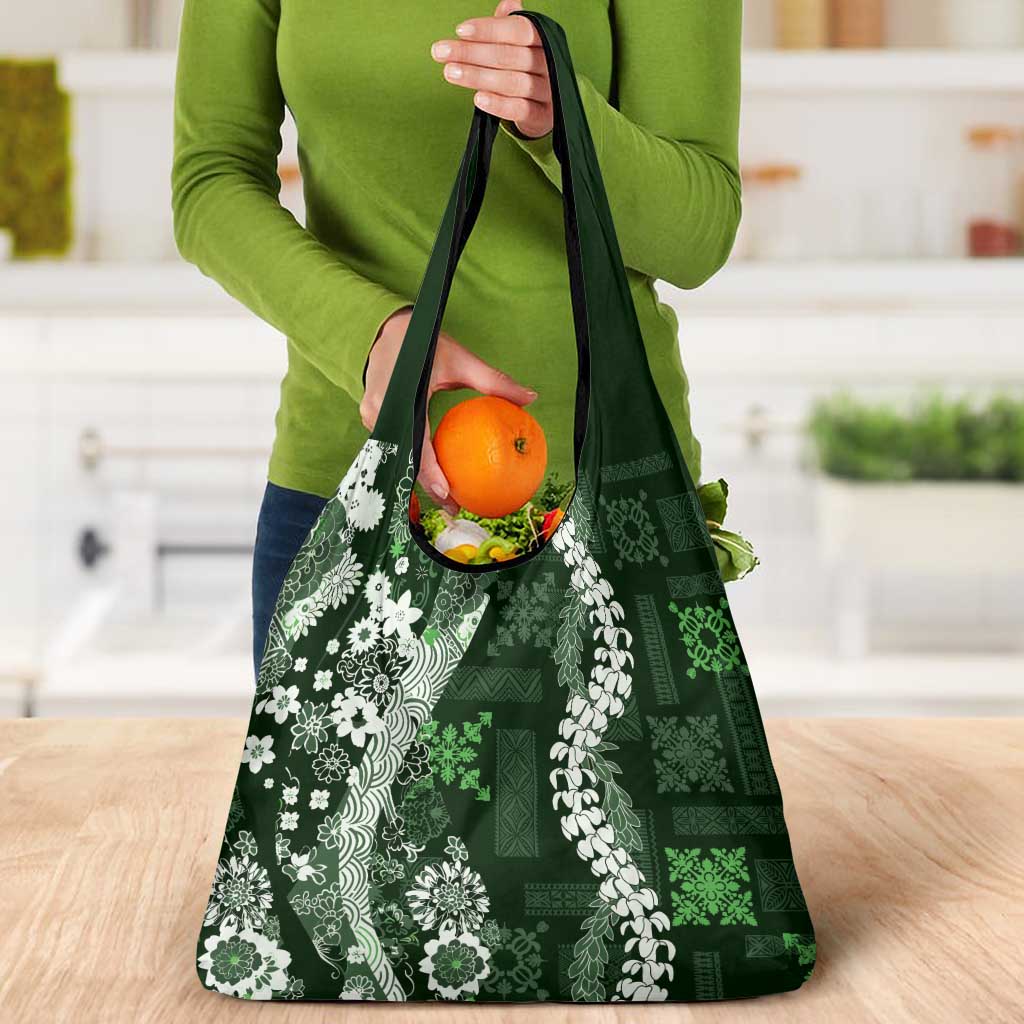 Hawaii Puakenikeni and Maile Lei Grocery Bag Green Japanese Wave Style LT9 - Polynesian Pride