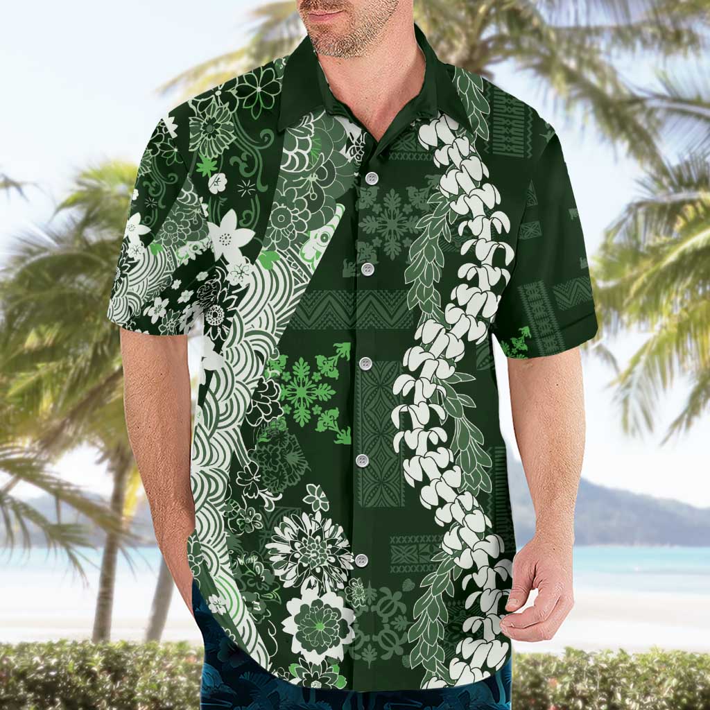 Hawaii Puakenikeni and Maile Lei Hawaiian Shirt Green Japanese Wave Style - Polynesian Pride