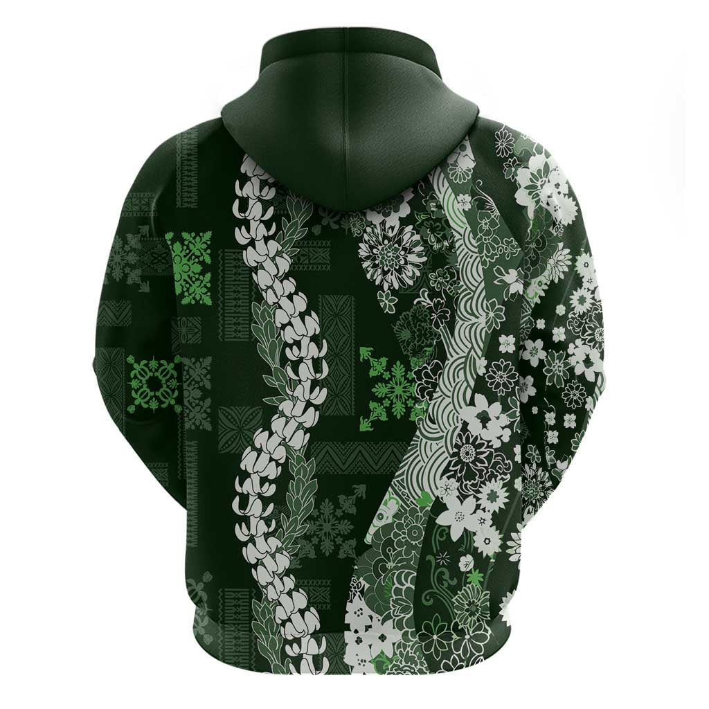 Hawaii Puakenikeni and Maile Lei Hoodie Green Japanese Wave Style - Polynesian Pride