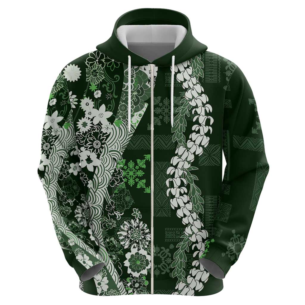 Hawaii Puakenikeni and Maile Lei Hoodie Green Japanese Wave Style - Polynesian Pride