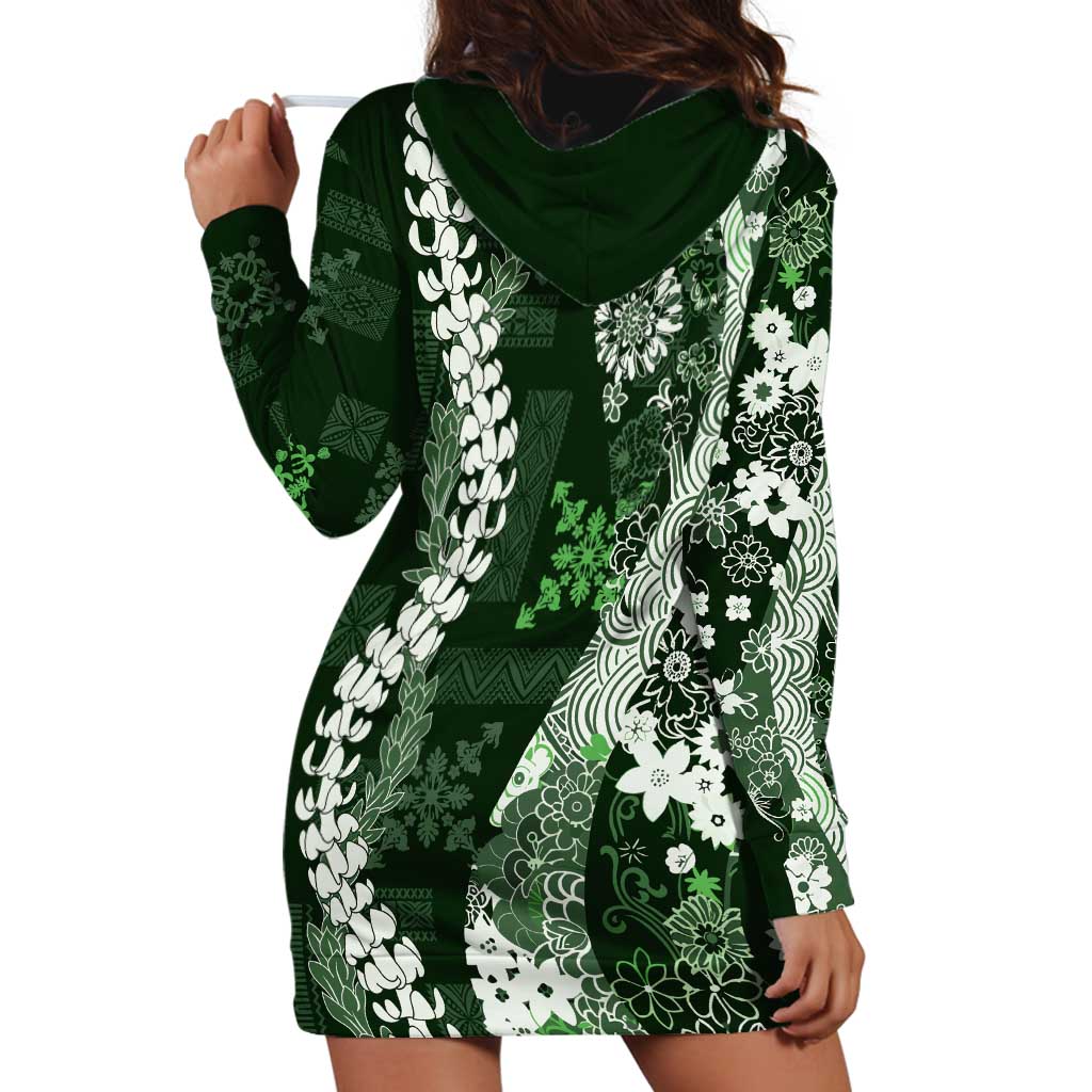 Hawaii Puakenikeni and Maile Lei Hoodie Dress Green Japanese Wave Style - Polynesian Pride