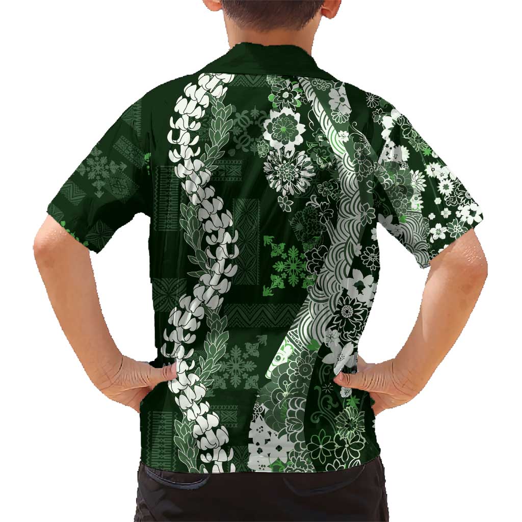 Hawaii Puakenikeni and Maile Lei Kid Hawaiian Shirt Green Japanese Wave Style - Polynesian Pride