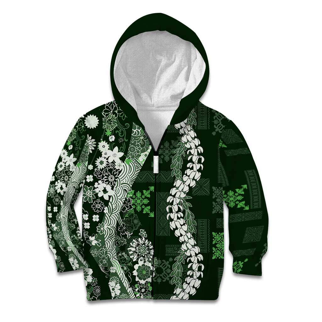 Hawaii Puakenikeni and Maile Lei Kid Hoodie Green Japanese Wave Style - Polynesian Pride